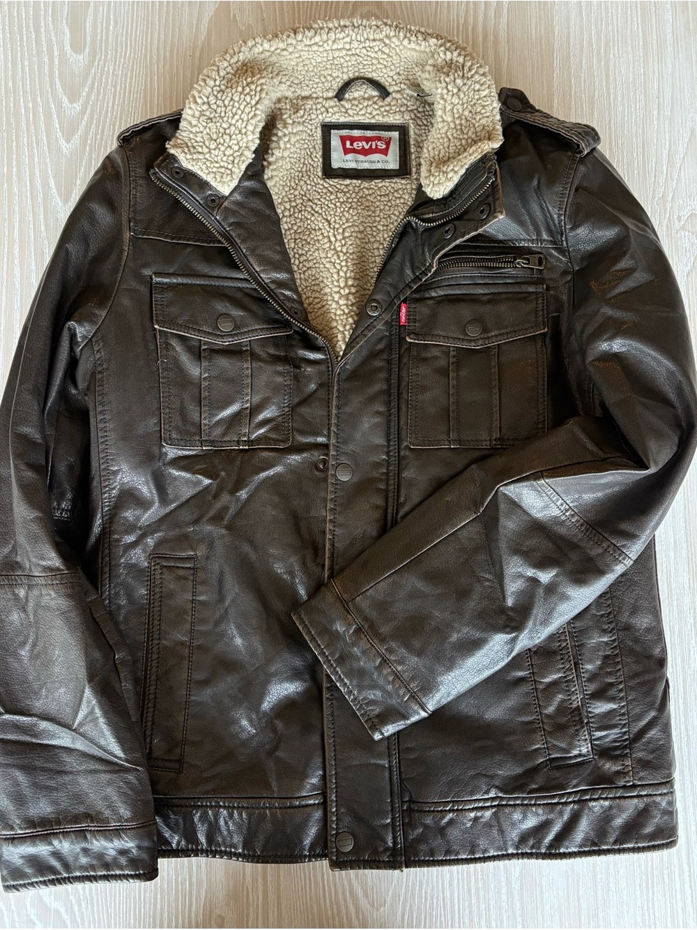 Levi’s Dark Brown Faux Leather Sherpa Field Jacket (Small)